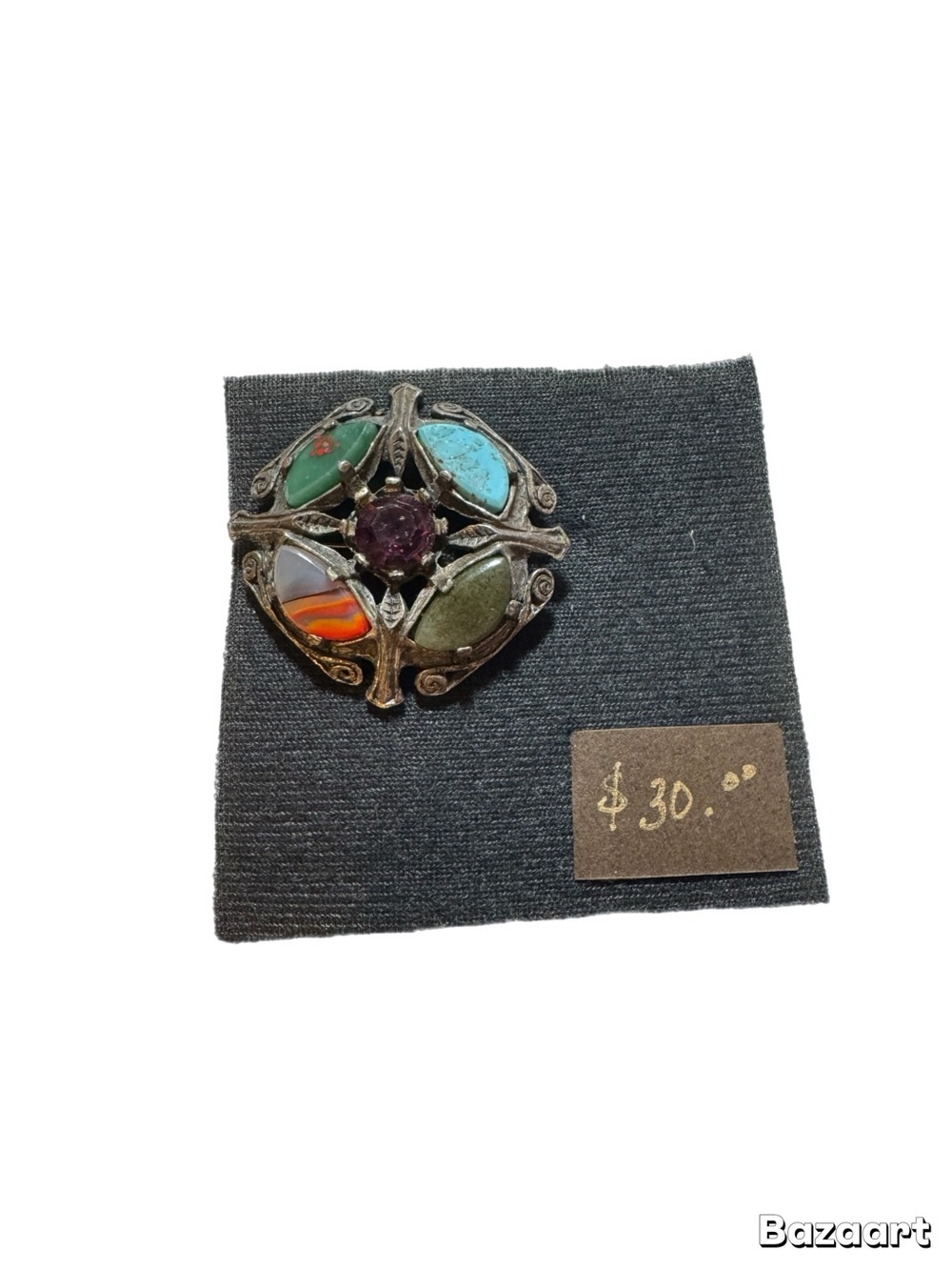 Vintage Multi-Stone Round Brooch with Turquoise and Carnelian Accent